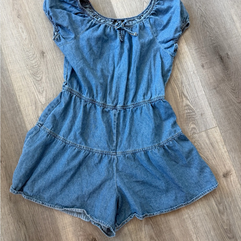 3/27$ Girls blue chambray denim short romper size 14